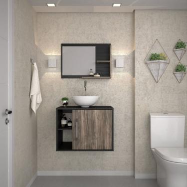 Imagem de Conjunto para Banheiro Gabinete com Cuba Redonda R30 e Espelheira Laura Preto ônix Carvalho Dark