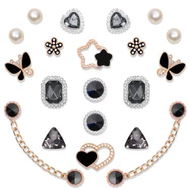 Imagem de WAQYGZO 20 peças de acessórios de corrente de pingente de sapato preto para mulheres, tamanco de flor de pérola, decoração de sapatos de strass, berloques, berloques, decoração fofa para festa de