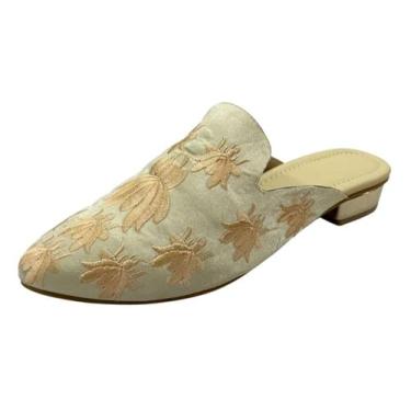 Imagem de Mules femininas étnicas abertas – Juttis indiano sem cadarço feito à mão | Sapatilhas Boho bordadas | Sapatos tradicionais confortáveis sem costas nuas para casamento, escritório e uso diário, Bege