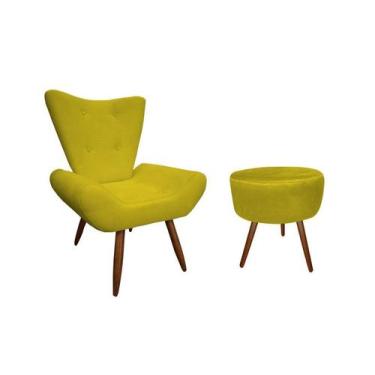 Imagem de Kit Poltrona Decorativa Emilia + Puff Redondo Suede Amarelo Pés Madeir