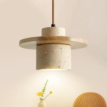 Imagem de Axamate Luminária Pendente Japonesa Wabi Sabi, Lustre Nórdico De Pedra Natural, Luminária Simples De Concreto Para Sala De Jantar, Cabeceira, Cozinha, Ilha, Corredor (Cor De Madeira)