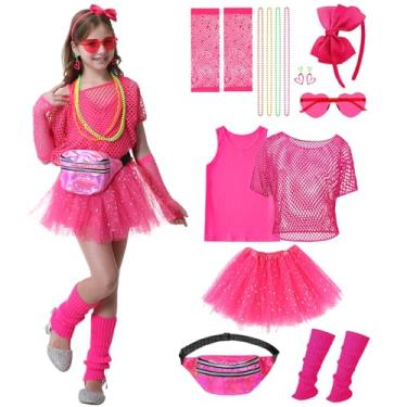 Imagem de Conjunto de acessórios de fantasia dos anos 80 para crianças, meninas, 16 peças, conjunto de acessórios divertidos para meninas dos anos 1980 para festa de Halloween retrô cosplay, rosa, 11-12 Anos