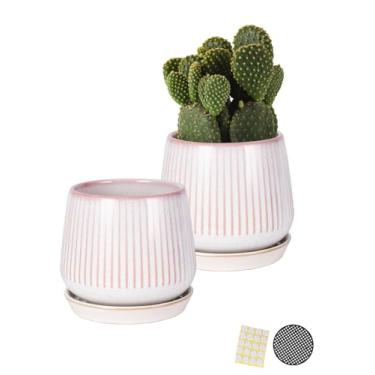 Imagem de TAMAYKIM Vasos de cerâmica de 11 cm com orifícios de drenagem e pires, plantador de flores com bandeja para plantio interno/externo, suculenta, cacto e ervas, rosa, conjunto de 2