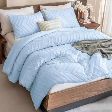 Imagem de Andency Conjunto de edredom King azul claro, boêmio, macio, quente, tufado, para cama king, 3 peças, estética, chevron, fazenda, boêmio, texturizado, conjunto de cama