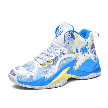 Imagem de Tênis de basquete masculino de cano alto com suporte de amortecimento de malha respirável e sola antiderrapante Equipamento de basquetebol(White-blue,37 BR)
