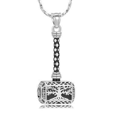Imagem de Imrsanl Colar de urna de martelo de Thor Viking para cinzas, árvore da vida, joia de cremação, suporte de cinzas, pingente de memorial humano para mulheres e homens, Aço inoxidável, Sem Pedra Preciosa