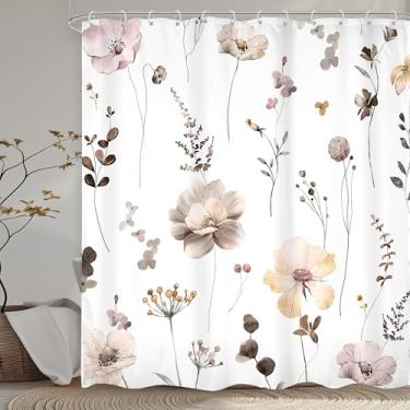 Imagem de Omifly Cortina de chuveiro floral extralonga 182 cm L x 213 cm Aquarela Flor marrom Boho Primavera Moderna Flor Silvestre Botânica Minimalista com 12 Ganchos de Plástico Tecido Impermeável Acessórios