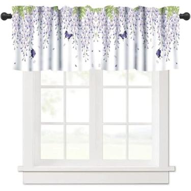 Imagem de Cortina Borboleta Glicínias Roxas Valance Campo Flor Planta Valance Rod Pocket Tratamento de Janela Curta para Quarto Sala de Estar Cozinha Janela Cortina Sobre a Pia 137 x 45 cm