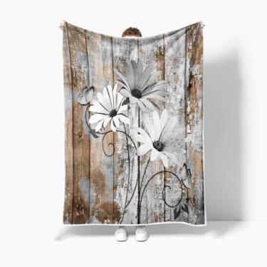 Imagem de JAWO Cobertor floral de flores de fazenda, cobertor de lã rústica cinza margarida aconchegante para sofá de cama, manta de flanela marrom cinza country para decorar o quarto e quarto cobertor quente