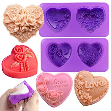 Imagem de 4 tipos de sabão de coração rosa molde de silicone 3D forma de amor molde de fondant bolo feito à mão chocolate doce resina vela sabão cera de abelha artesanato floral dia dos namorados decoração de