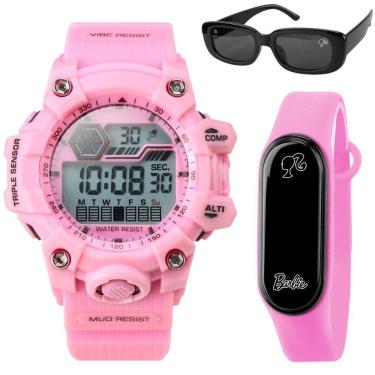 Imagem de Relogio Digital Prova Dagua Rosa Infantil + Oculos Sol Esportivo Silicone Alarme Cronometro Criança