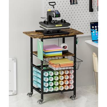 Imagem de Ardier Carrinho de máquina de prensa térmica móvel com cesta e ganchos, organizador de prateleira de artesanato de 3 camadas com suporte de rolo de vinil, bancada de trabalho para máquina de