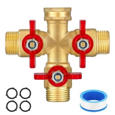 Imagem de Divisor de mangueira de três vias de latão sólido resistente - Divisor de mangueira resistente de 3 vias com válvulas de desligamento e alça de metal, torneira/divisor de torneira de alto fluxo de 3