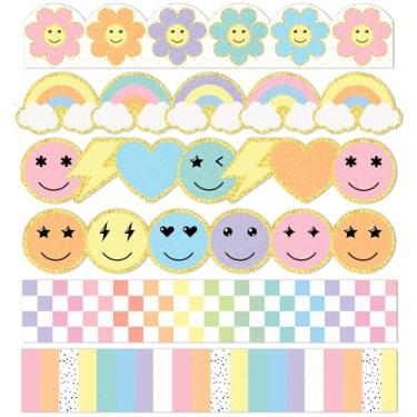 Imagem de Fuutreo 196. Bordas de quadro de avisos de sala de aula com rosto sorridente de 2,4 m colorido rosto feliz arco-íris margarida flor borda glitter corte boletim guarnição boho listras rolo para