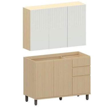 Imagem de Kit Armário Aéreo 3 Portas E Balcão De Pia 120 Cm Aurora Cinza Cristal