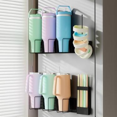 Imagem de Pacote com 4 suportes magnéticos para geladeira – organizador de garrafa de água para copos Stanley de 40/850 g, conjunto organizador de copo com organizador de tampa de copo e organizadores de canudo