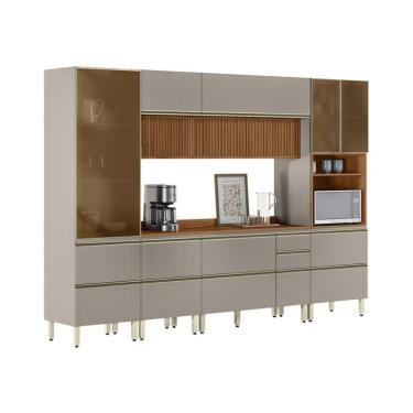 Imagem de Armário de Cozinha Compacta com 3 Vidros Reflecta Proença Ripado 9 Portas 11 Gavetas Nude e Nogueira