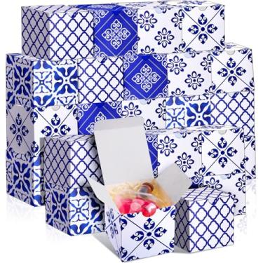 Imagem de Fuyoooo 50 caixas de presente de papel chinoiserie mini azul branco floral pequeno 7,6 x 7,6 cm caixas de presente de papel chinoiserie cubos de embalagem para casamento, aniversário, chá de bebê