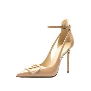 Imagem de Qunvngutui Sapatos De Salto Alto Com Tiras Finas E Fivela Em V, Bico Fino, Sexy, Escarpins, Couro Envernizado Nude, Eua 7