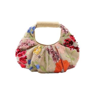 Imagem de QWINEE Bolsas femininas bordadas florais Y2k com ímã de lantejoulas e alça superior, Caqui, One Size