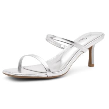 Imagem de Shoe Land Salto gatinho feminino – Salto baixo, bico aberto sem cadarço com 2 tiras, elegantes sandálias de salto curto para casamento, festa e escritório | Na moda 2025, Prata, 36