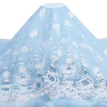 Imagem de PH PandaHall Tecido de organza de floco de neve de 2 metros Tecido azul transparente com flocos de neve brancos tecidos de malha decorativos de inverno para roupas de vestido DIY, toalha de mesa