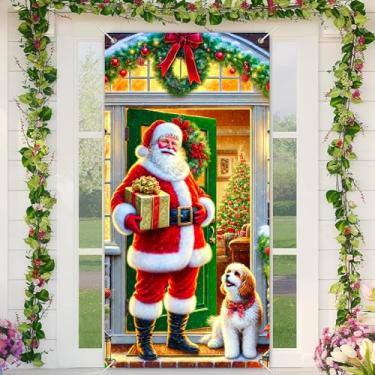 Imagem de Capa de porta de Natal Papai Noel em terno vermelho filhote de cachorro com laço, presente dourado, guirlanda de porta verde, 89 x 188 cm, decoração de casa, decoração sazonal, pano de fundo de fotos