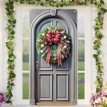 Imagem de BlissYard Faixa de porta de guirlanda de Natal com laço vermelho, 89 x 189 cm, decoração de porta de boas-vindas de inverno com pinhas e ornamentos para varanda de férias ao ar livre ou exibição de