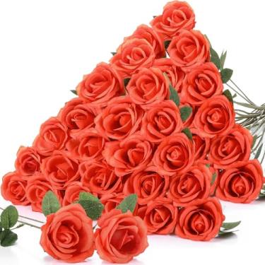 Imagem de Jexine 60 peças de flores artificiais de seda realistas, ramo de plástico de toque real, haste longa para decoração de chá de panela, decoração de festa, arranjos florais de mesa (laranja)