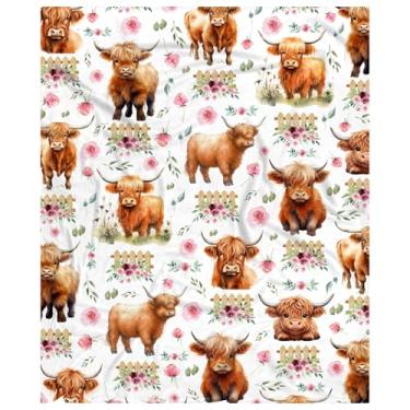 Imagem de Cobertor de flor de vaca Highland, presente engraçado para meninas e mulheres, lençol leve de flanela de pelúcia super macio, cobertores para sofá, 101,6 cm x 127 cm para crianças/crianças