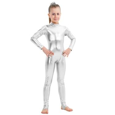 Imagem de PROMOTED TO BIG SISTER Girls Shiny Metallic Mock Neck Unitard Long Sleeve One Piece Bodysuit Costume Dance (5-6 Years Silver)