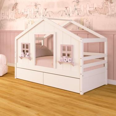 Imagem de Cama Casinha Dos Sonhos Com 02 Gavetas Madeira Maciça Branco/ Rosa Megamobilia