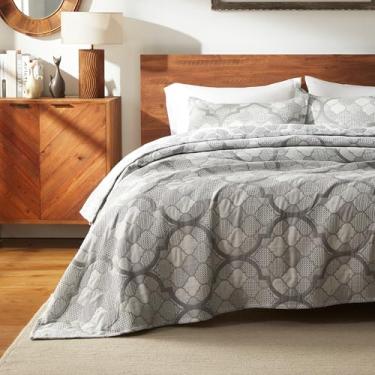 Imagem de SLEEP ZONE Conjunto de edredom King Size de jacquard ultramacio e leve, conjunto de 3 colchas geométricas para todas as estações, 269 x 244 cm, cinza