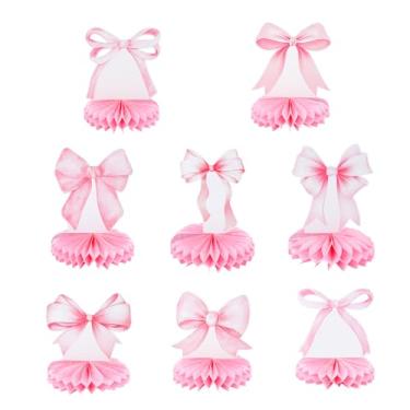 Imagem de 8un Centro Mesa Laço Rosa Favo Mel, Lindos Enfeites Mesa com Laço Rosa Decoração para Festa Aniversário Casamento Despedida Solteira Chá Panela Chá Bebê Tema Coquete Suprimentos Decoração