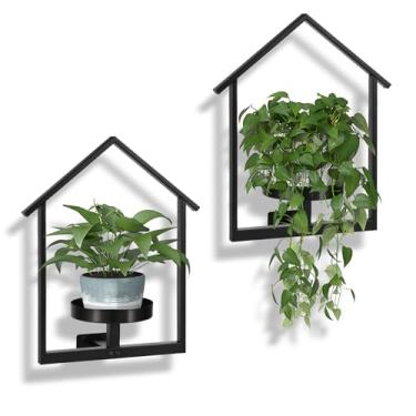 Imagem de CWYEYE Pacote com 2 plantadores de parede para plantas de interior: prateleira suspensa em forma de casa, suporte de parede para plantas internas, suporte de janela para sala de estar, entrada ou