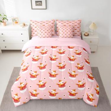 Imagem de Jogo de cama de casal fofo boneco de neve rosa de Natal em uma bolsa para decoração de quarto de meninos e meninas, conjunto de edredom com lençóis, fronhas e capa de almofada, floco de neve macio