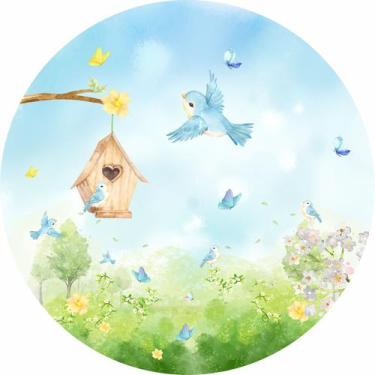 Imagem de Painel de Tecido Sublimado Redondo Jardim Aquarela Passarinho e Borbol