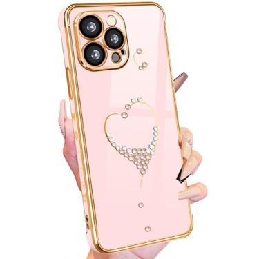 Imagem de Petitian Capa para iPhone 13 Pro Max, capas de telefone lindas para mulheres e meninas com coração brilhante para iPhone 13 Pro Max, capa de telefone feminina banhada a ouro para 13 Promax com protetor de câmera rosa