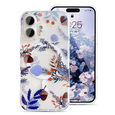 Imagem de UEEBAI Capa magnética para iPhone 16 Plus, capa de flores compatível com MagSafe, capa de telefone floral bonita com carregamento sem fio, antiamarelamento, flores luxuosas, capa transparente para