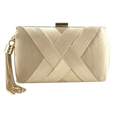 Imagem de Milageto Bolsa feminina elegante de seda com borla para noite bolsa clutch para, dourada, 20x8x12cm