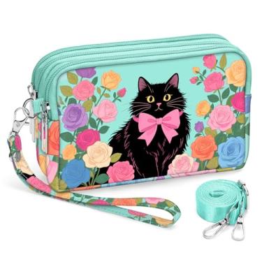 Imagem de BIAOTIE Bolsas de pulso para mulheres, bolsas transversais pequenas de nylon com alça ajustável 3 zíperes carteira de pulso organizador de telefone, Azul menta, gato