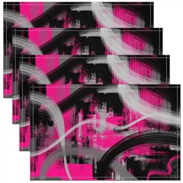 Imagem de Tapete abstrato rosa choque cinza preto para cozinha, mesa de jantar, decoração de festa, ambientes internos e externos, 45,7 x 30,5 cm, jogo americano geométrico, conjunto com 4, para crianças,