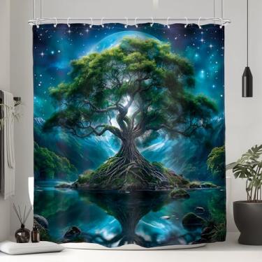 Imagem de Glawry Cortina de Chuveiro Árvore da Vida Azul Verde Lua Mágica Planta Fantasia Estrela Céu Noite Misterioso Cenário Brilhante Banheiro Natureza 182 cm L Acessórios de Banho Arte Decoração de Casa