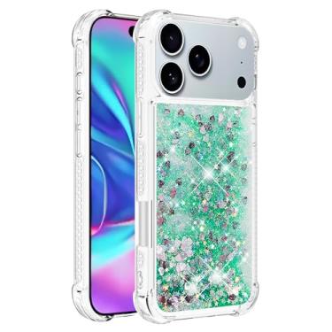 Imagem de Capa de telefone à prova de choque para iPhone 17 Pro com glitter líquido de areia movediça e corações flutuantes, capa de TPU de camada dupla reforçada com 4 cantos, protetor de telefone seguro