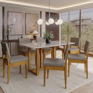 Imagem de Conjunto Sala de Jantar 6 Lugares Retangular com Tampo de Vidro Mesa Filadélfia Cadeiras Miami Cerejeira/Café/Off White