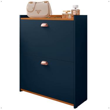 Imagem de Sapateira Closet Vertical Organizadora 12 Pares Calçados Unissex Prateleira 2 Andares Gavetas Basculante Azul/Cedro - Lojas RPM