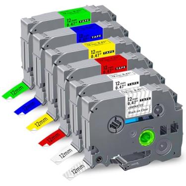 Imagem de Pacote com 6 fitas de substituição para Brother P Touch Label Maker Fita TZe 12 mm 0,47 laminada branca/clara/vermelha/amarela/azul/verde, compatível com Brother P-Touch Label Maker PT-D210 PT-H110