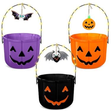 Imagem de LemonRoad 3 conjuntos de baldes de doces ou travessuras de Halloween com alça e cordão leve e widgets, cesta de doces Jack O Lantern para suprimentos de festa de Halloween doces (preto, laranja, roxo