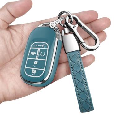 Imagem de Sindeda Capa para chave Honda com chaveiro, capa macia de proteção total compatível com Civic Accord HR-V Pilot CR-V 2022-2025 (azul tempestade, 5 botões)