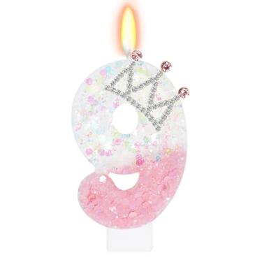 Imagem de ElekFX Vela número 9 rosa e branca, topo de bolo com coroa de glitter, decorações de festa de aniversário de princesa para meninas e mulheres, lembrancinhas de festa de aniversário